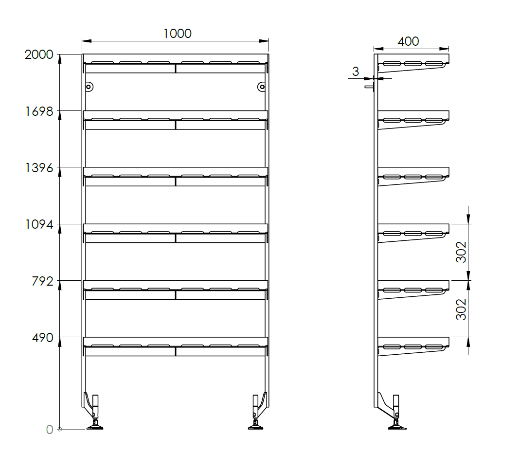 Stainless steel shelves, hygienic design